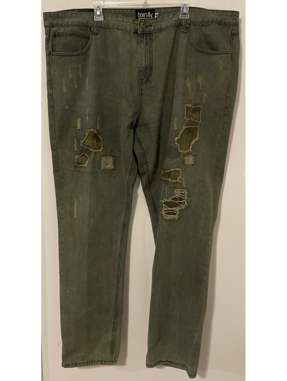 Born Fly Mens Big & Tall Size 46x34 Green Distressed Ripped Denim Jeans! M1409